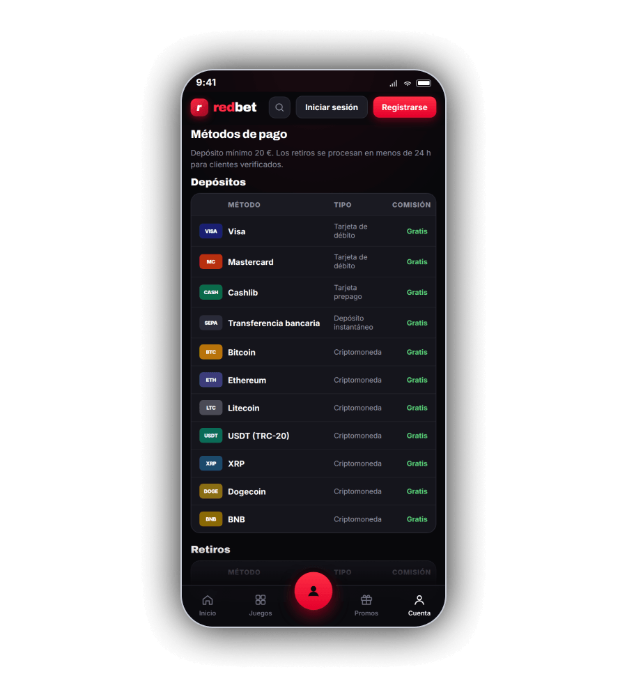Metodos de pago de 1RedBet en el movil